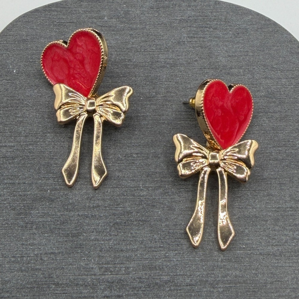 Red Heart Bow Earrings Gold Tone Dangle Ribbon Statement Romantic Jewelry Gift